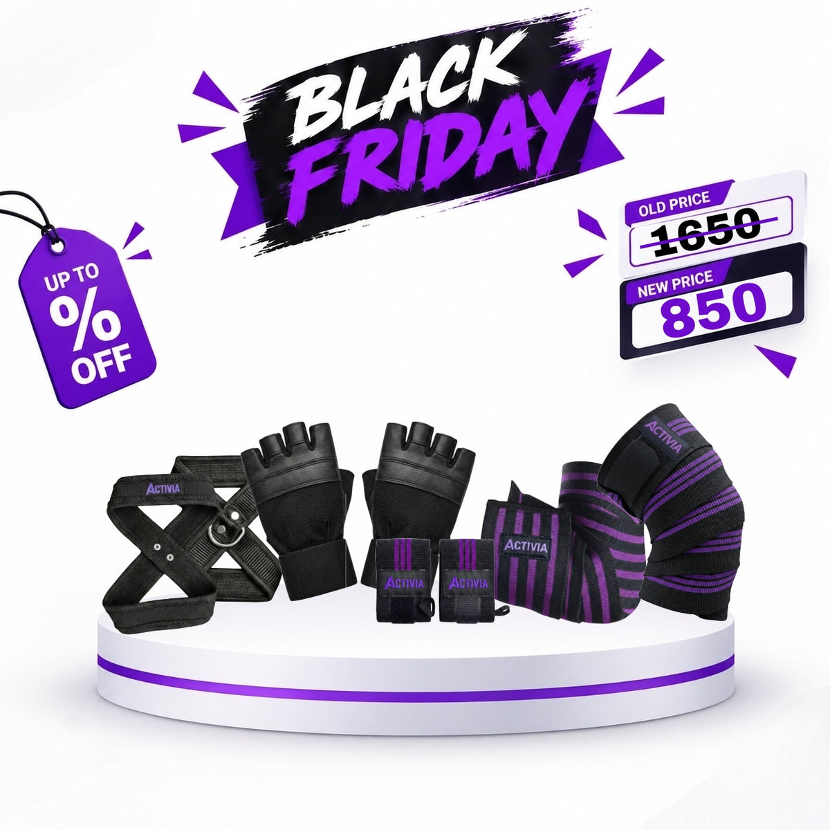 Elbow wraps + knee wraps + wrist wraps + figure-8 straps + workout gloves
