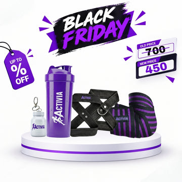 Elbow wraps + figure 8 straps + shaker bottle + scoop holder